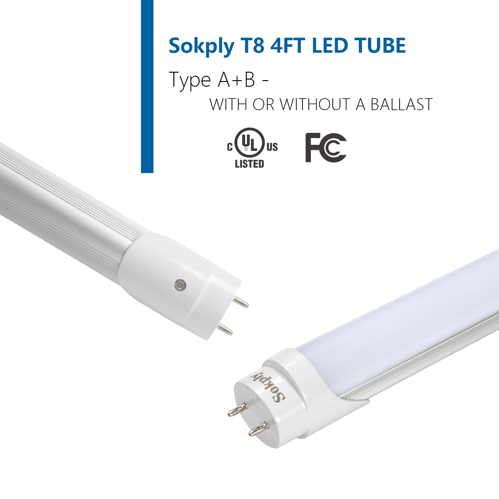 Sokply T8 T12 4FT LED Bulbs Light Tube Type A+B 18W 2250LM, F32T8